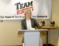 Rosa Gatti speaking at an ESPN function.